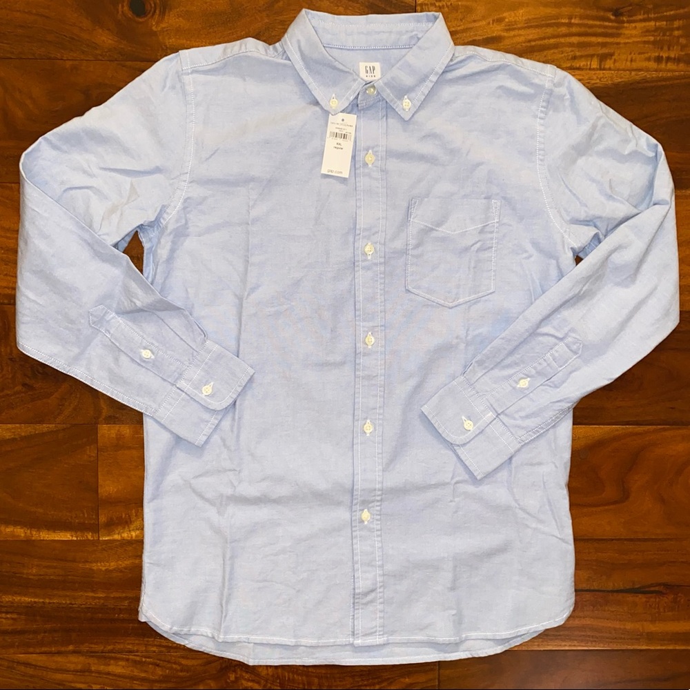 NWT Boys Size XXL (14-16) Regular, GAP Kids Light Blue Long Sleeve Button Down